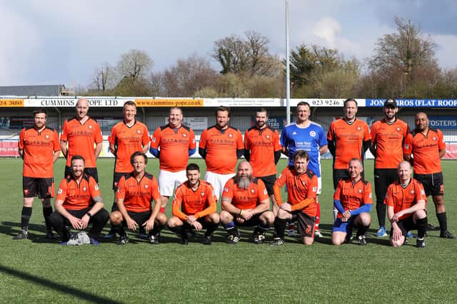 AFC Portchester Vets, ready to return to playing after a gruelling March running for charity. Back (from left): Mike Counsell, Dean Stanton, Peter Sanderson, Lee Cook, Simon Hore, Ian Clark, Jim Stewart, Karl Davies, Ben Tiller, John Roby. Front: Rob Smith, Keith Ashton, David Cooper, Lee Jones, Marty Keech, Stew Parsons, Keith McIntyre. Picture: Chris Moorhouse