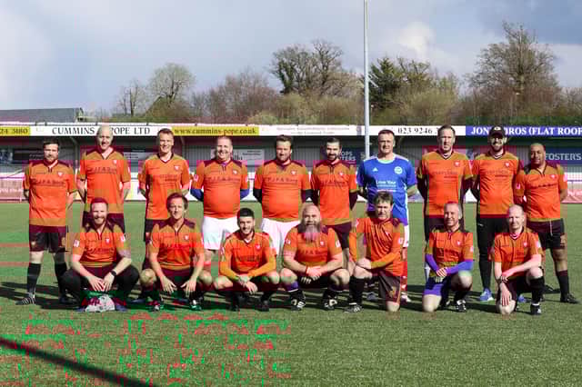 AFC Portchester Vets, ready to return to playing after a gruelling March running for charity. Back (from left): Mike Counsell, Dean Stanton, Peter Sanderson, Lee Cook, Simon Hore, Ian Clark, Jim Stewart, Karl Davies, Ben Tiller, John Roby. Front: Rob Smith, Keith Ashton, David Cooper, Lee Jones, Marty Keech, Stew Parsons, Keith McIntyre. Picture: Chris Moorhouse