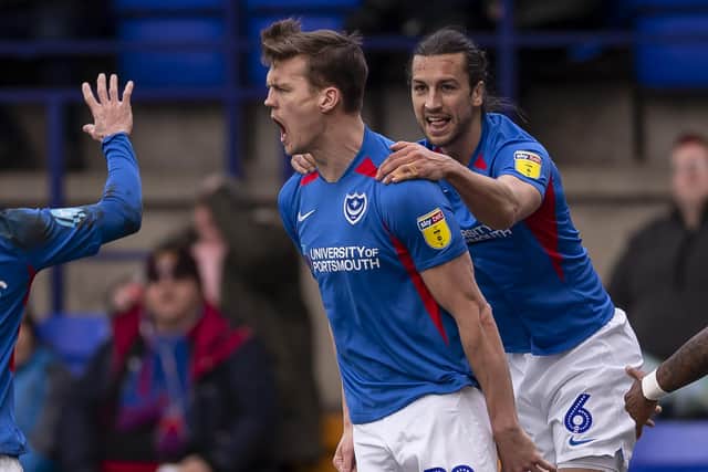 Sean Raggett celebrates scoring for Pompey against Tranmere. Picture: Daniel Chesterton/phcimages.com