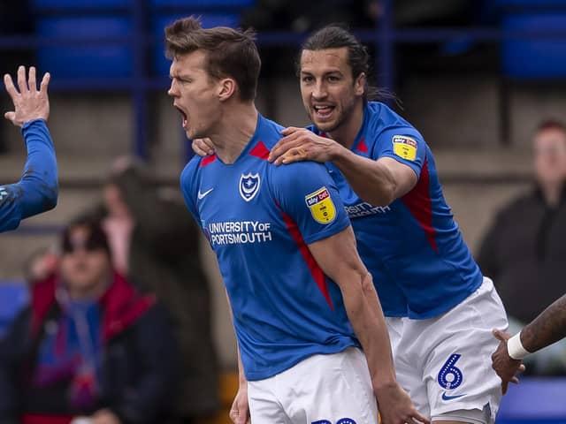 Sean Raggett celebrates scoring for Pompey against Tranmere. Picture: Daniel Chesterton/phcimages.com