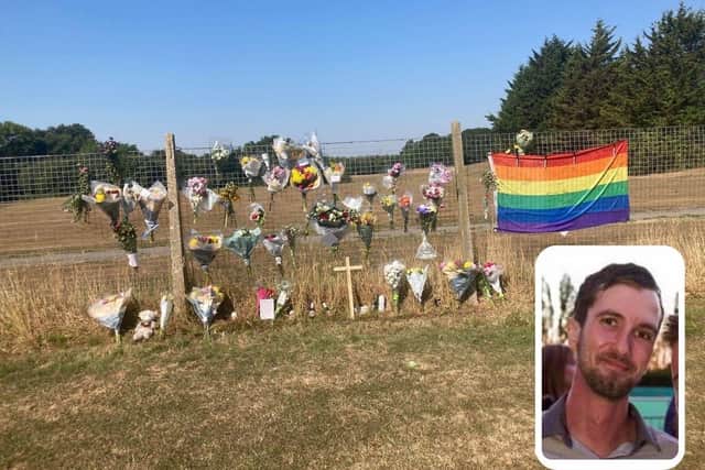 The shrine that was set up to Ian 'Wiggy' Symes, inset, last year after he died in a dig attack in Fareham 
Mr Symes' picture released by Hampshire Constabulary