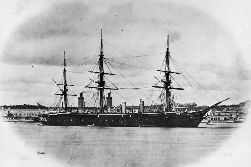 The 'HMS Warrior', the Royal Navy's first iron-hulled warship, off Keyham Dockyard in Plymouth, circa 1860. (Photo by Hulton Archive/Getty Images)