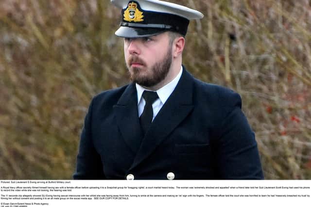 Pictured: Sub Lieutenant Scott Ewing, who is based at HMS Collingwood, arriving at Bulford Military court.
© Ewan Galvin/Solent News & Photo Agency