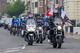 Falklands 40 Cyclists and escorts arriving at the Falklands Memorial Service at Old Portsmouth.