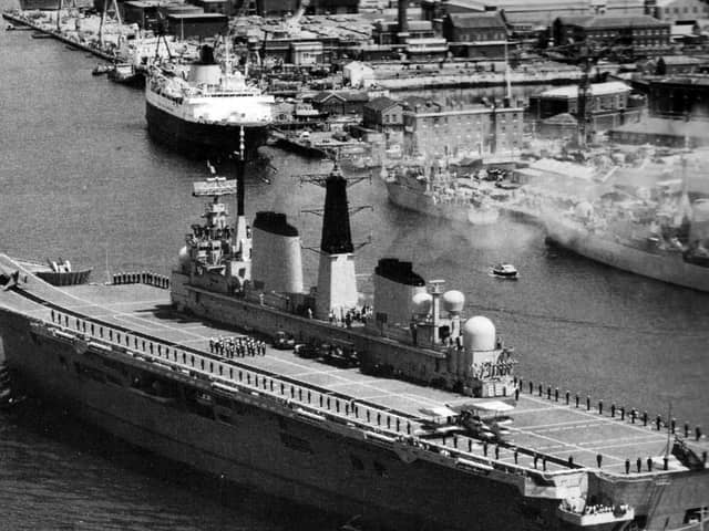 The new Royal Navy ship Ark Royal arrives to be commissioned in Portsmouth Naval Base 1985.