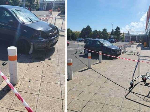 A ruined Toyota Yaris has been left outside B&Q at The Pompey Centre. Picture: Reuban Choudhury