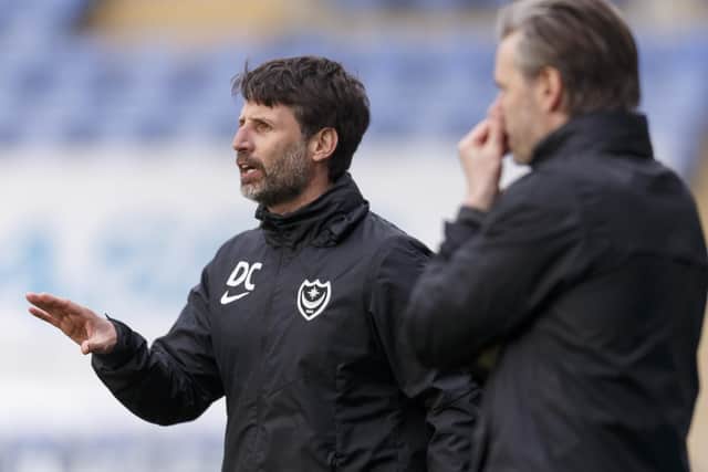 Portsmouth Assistant Manager Nicky Cowley and Portsmouth Manager Danny Cowley during the Sky Bet League One match between Shrewsbury Town and Portsmouth at New Meadow on March 27th 2021 in Shrewsbury, England. (Photo by Daniel Chesterton/phcimages.com)