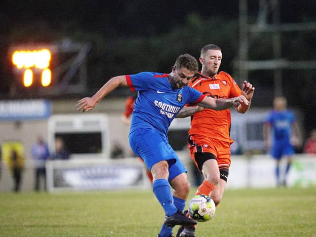 Ethan Jones (blue) was one of just two Fareham players who started last weekend's Wessex League game and Tuesday's cup tie with Fareham.
Picture: Chris Moorhouse