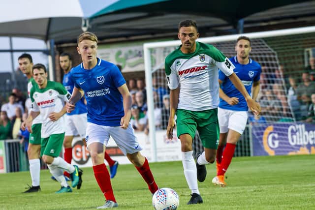 Gerard Storey, left, in action for Pompey in a friendly against Bognor last year. Picture: Tommy McMillan