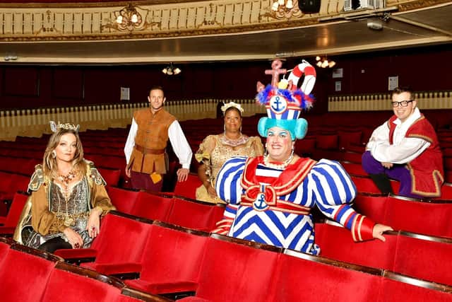 The stars of Dick Whittington. From left: Julia Worsley as Queen Rat, Sean Smith as Dick Whittington, Marlene Little Hill as Fairy Bowbells, Jack Edwards as Dame Dolly, and James Percy as Silly Billy. Picture: Andrew Searle Photography