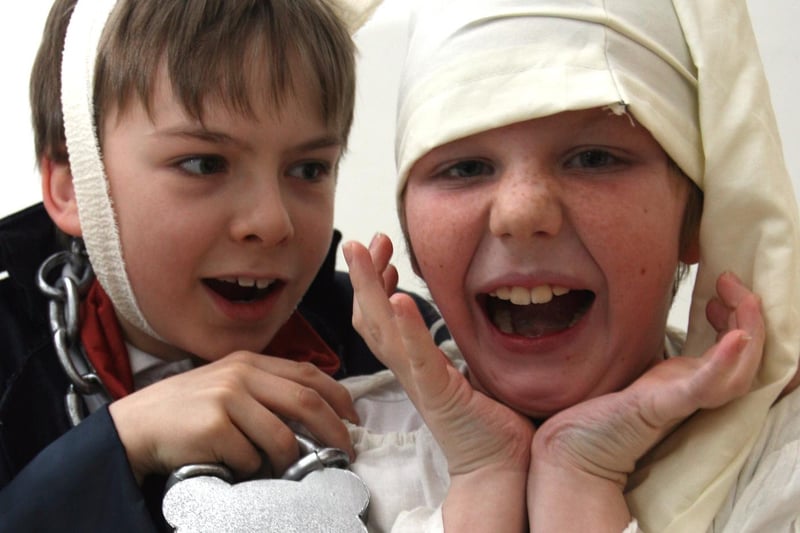 Abercrombie pupils Micheal Mcgregor and Ethan Agutter celebrate Dickens bicentinary as Jacob Marley and Ebenezeer Scrooge.