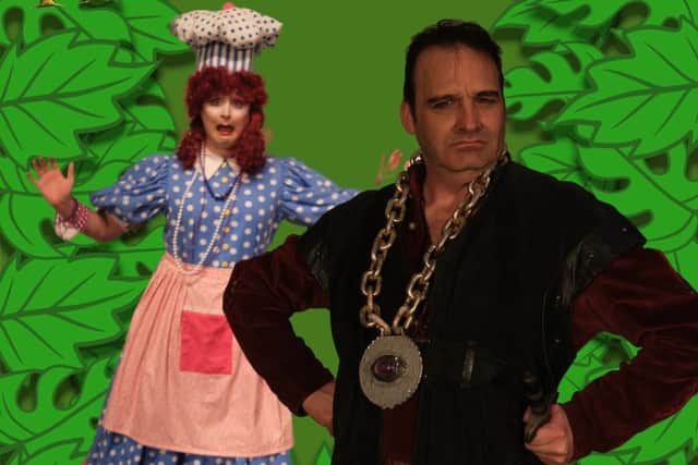 Samuel Tucker as Dame Hyacinth Humperdick and Daniel McCrohon as The Sheriff of Nottingham in Robin Hood at The Groundlings Theatre, December 8-31, 2022