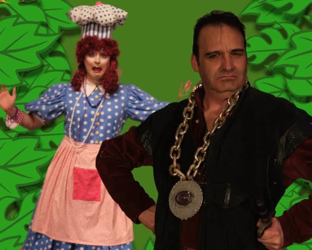 Samuel Tucker as Dame Hyacinth Humperdick and Daniel McCrohon as The Sheriff of Nottingham in Robin Hood at The Groundlings Theatre, December 8-31, 2022