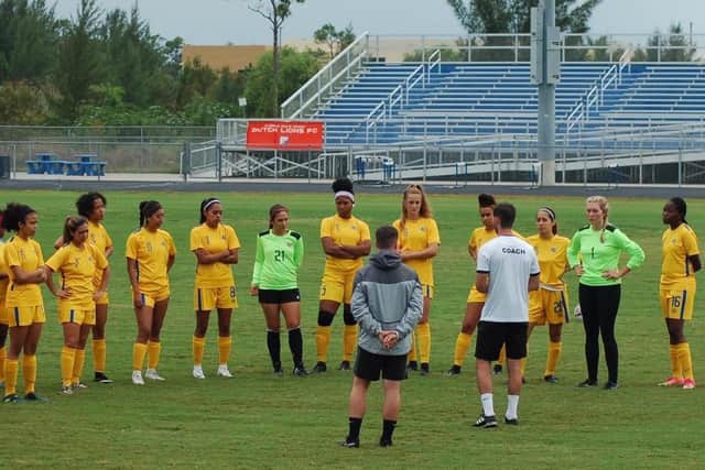 Jaymee Highcock taking a women's football coaching session in the US Virgin Islands