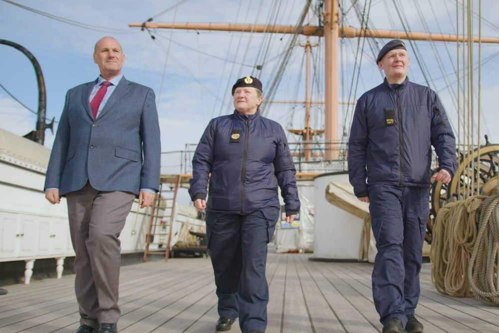 Duncan, Ann and Liam, three of the participants of the film onboard HMS Warrior