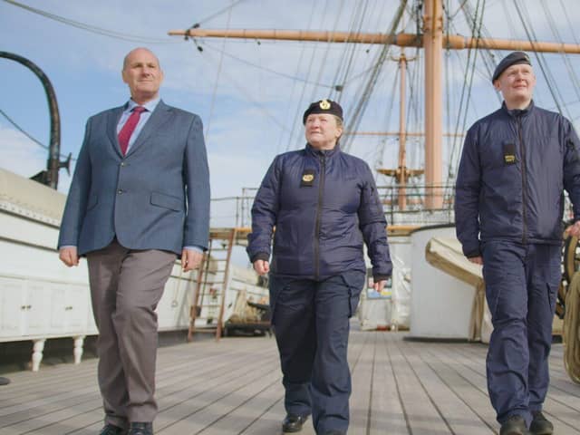Duncan, Ann and Liam, three of the participants of the film onboard HMS Warrior