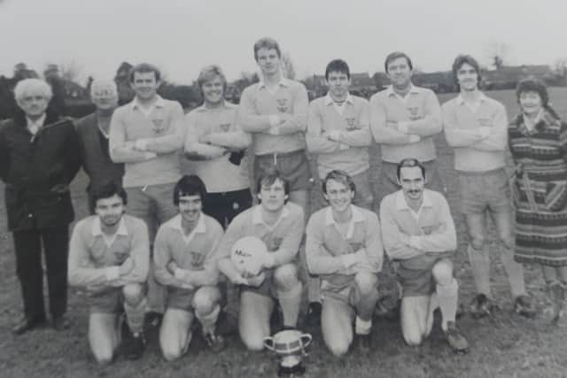 Denmead Reserves. Date unknown. Back (from left): George Ware (manager), Mr Hulme, Steve Faithfull, Wayne Manns, Paul Edwards, Simon Buckle, Peter Martin, Pete Steel, Mrs Ware. Front: Mark Broad, Steve Smith,  Greg Munns, Mark Burton, Paul Steel.