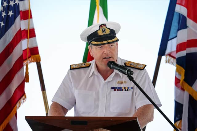Pictured: Commodore Paul Stroude RN gives a speech as he takes over command of the SNMG2 Task Group on the flight deck of the USS James E Williams. Picture: PO Phot Lee Blease/Royal Navy.