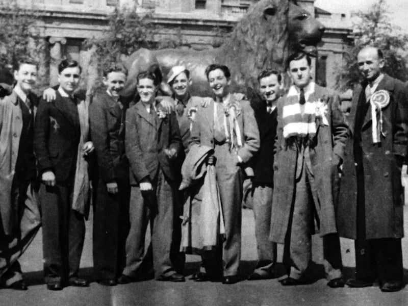 Airspeed lads plus a sailor friend pose in Trafalgar Square in 1942. All in suits and ties.
Picture: Len Durrant collection