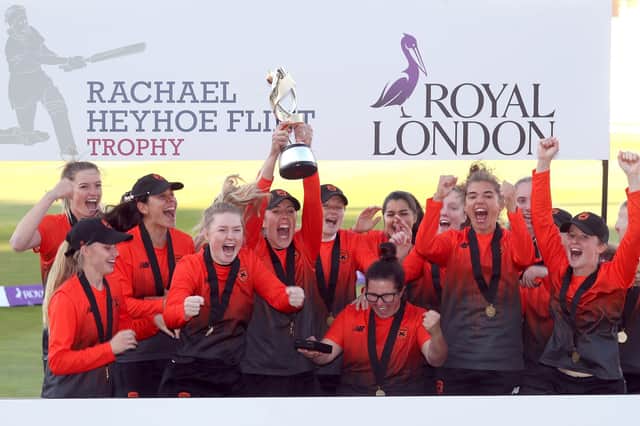 Southern Vipers celebrate after winning the Rachael Heyhoe Flint Trophy Final at Edgbaston. Pic: David Davies/PA Wire.