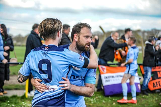 Marley Ridge (9) and Brett Pitman after Portchester's win at Hamble. Picture by Daniel Haswell