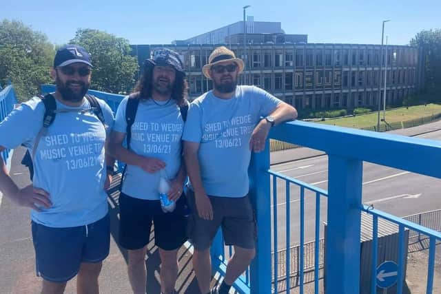 Pictured by The News Centre in Hilsea Friends walked from Fareham to the Wedgewood Rooms to raise money for the Music Venue Trust
From left Garry Illingworth, (51) Civil Servant, Colin Perrio, (43) postie, Chris Lee (52), window cleaner.

Submitted June 13, 2021