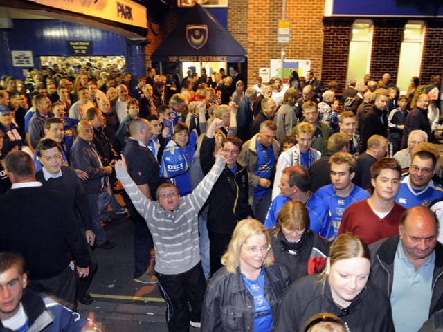 Jubillant Pompey supporters leaving Fratton Park after their team's Uefa Cup win over Vitoria FC in 2008.