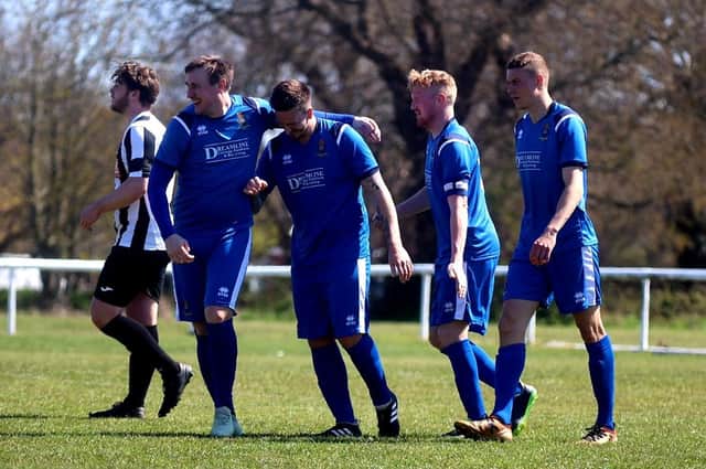 Fleetlands players celebrate a goal in their recent Hampshire Premier League supplementary cup win at Hayling United. Picture: Tom Phillips