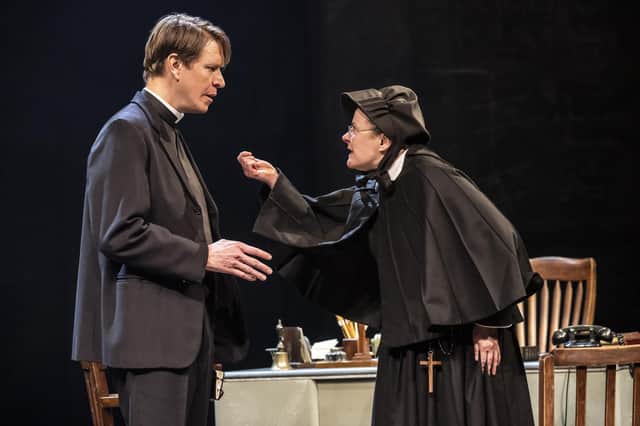 Sam Spruell (Father Flynn) and Monica Dolan (Sister Aloysius) in Doubt at Chichester Festival Theatre. Photo by Johan Persson