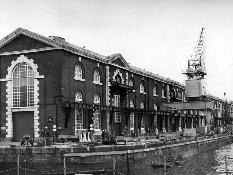 The Great Steam Factory, opened by Queen Victoria in 1848 and now housing the Submarine Refit Complex and the Sail Loft above, 1982. The News PP4999