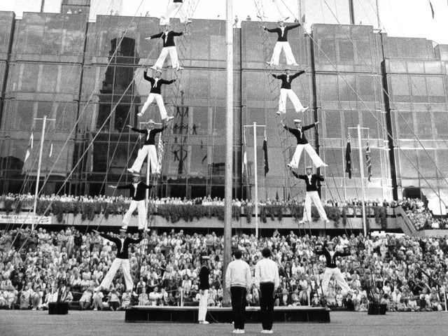 The Royal Naval Display team climb the mast in the Beat the Retreat ceremony in the Guildhall Square, 1985. The News PP4949