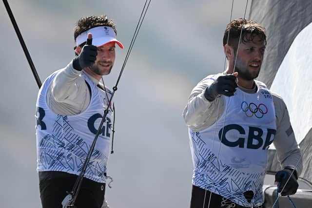 A thumbs up from James Peters, left, as he competes with Fynn Sterritt at Marseille Marina yesterday. Picture: Clive Mason/Getty Images