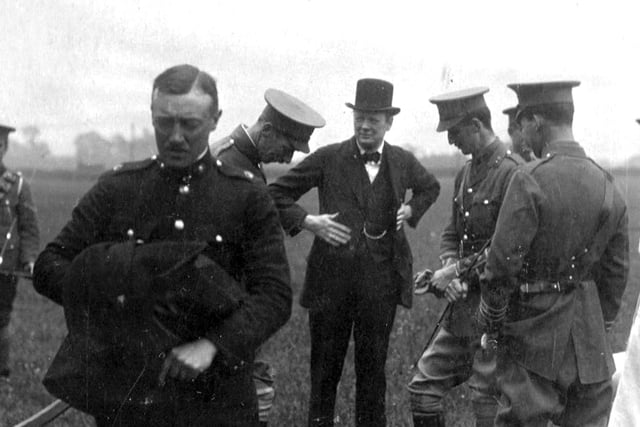 Winston Churchill at Hilsea 1914. In May, 1914 Winston Churchill (in his position of 1st Lord of the Admiralty) was received by officers of the RFA. Picture: Robert James collection