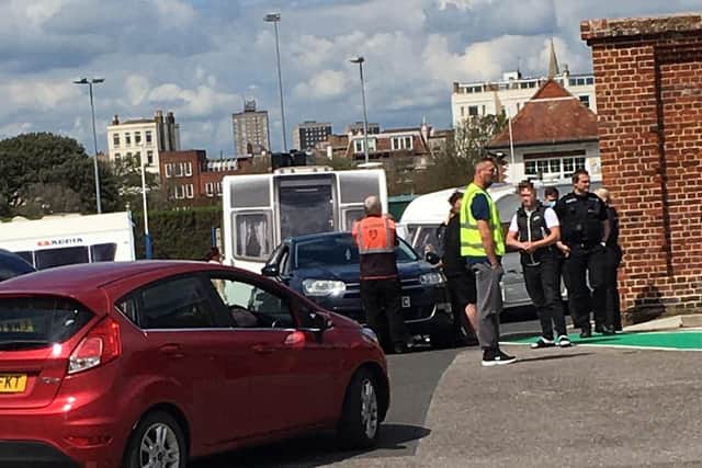 Travellers try to get access to the D-Day Story car park on May 26. Picture: Mike English