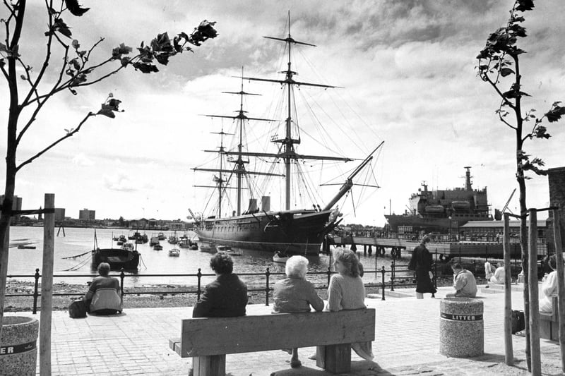 A picturesque view of HMS Warrior from the Hard, 1988. The News PP5411