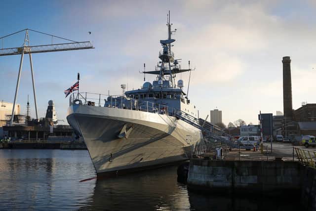 Pictured: HMS Spey, the offshore patrol vessel alongside in 2 Basin, HMNB Portsmouth.