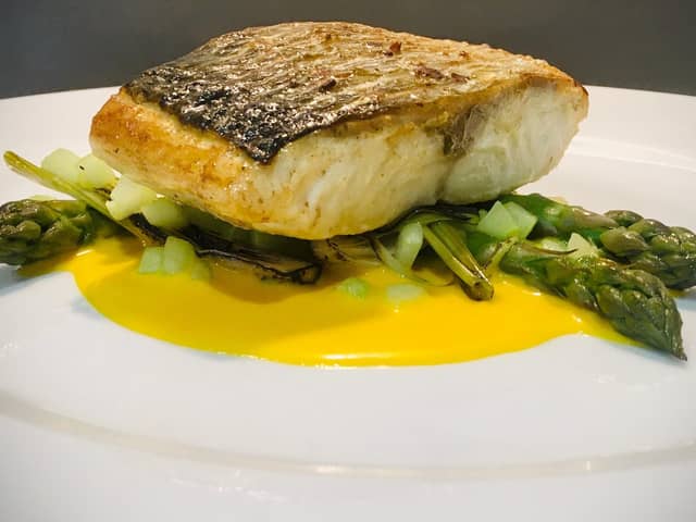 Sea bass with saffron orange sauce, by Lawrence Murphy