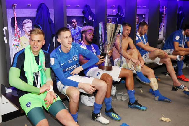 Alex Bass, who was an unused substitute, in Pompey's Wembley dressing room following their March 2019 Checkatrade Trophy triumph over Sunderland. Picture: Joe Pepler