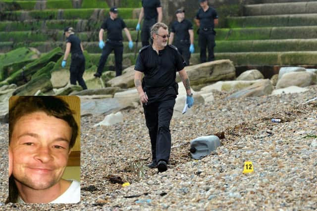 Police on Southsea beach after the discovery of the body of David Guy, inset, in 2012