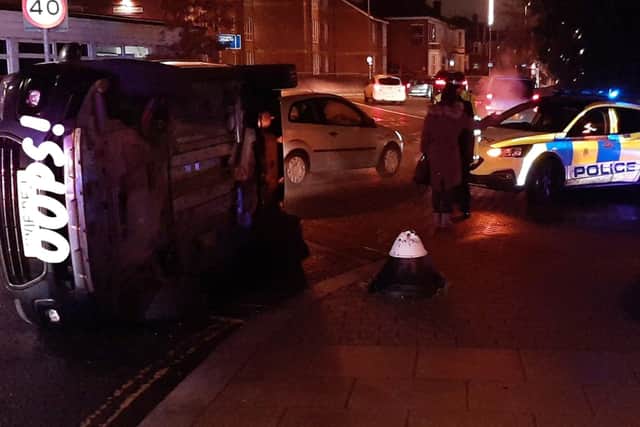 A driver crashed outside Fareham railway station. Police posted this image with 'oops!' superimposed on the vehicle. Picture: HantsPolRoads