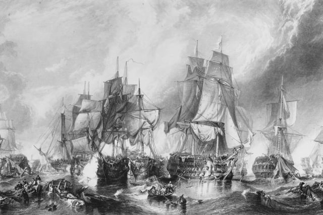 The Redoutable, a Temeraire class 74-gun ship of the line of the French Navy engages with the flag ship of Admiral Lord Horatio Nelson, HMS Victory atThe Battle of Trafalgar between the Royal Navy and the combined fleets of France and Spain during the Napoleonic War of the Third Coalition on 21 October 1805 off Cape Trafalgar, Spain.From an original painting by William Clarkson Stanfield. (Photo by Hulton Archive/Getty Images)