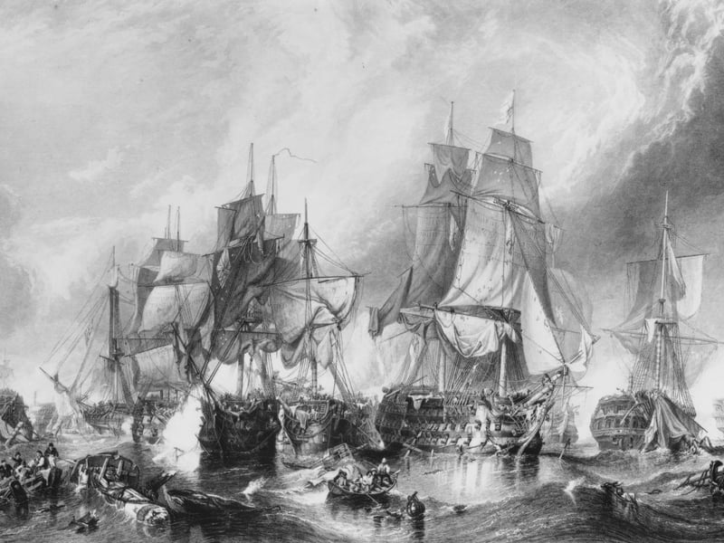 The Redoutable, a Temeraire class 74-gun ship of the line of the French Navy engages with the flag ship of Admiral Lord Horatio Nelson, HMS Victory atThe Battle of Trafalgar between the Royal Navy and the combined fleets of France and Spain during the Napoleonic War of the Third Coalition on 21 October 1805 off Cape Trafalgar, Spain.From an original painting by William Clarkson Stanfield. (Photo by Hulton Archive/Getty Images)
