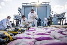 Crew on HMS Montrose sort through all the drugs seized during the latest £19m raid in the Gulf
