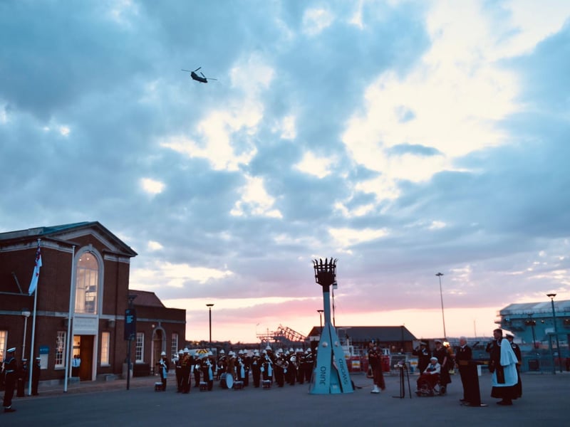 A Chinook flies overhead