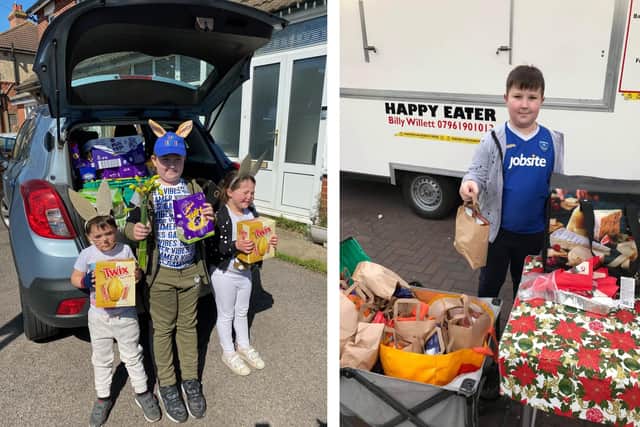 Albie Leahy, 9, Imogen Hale, 5 and Joshua Hale, 3, delivering Easter eggs to homeless people and care homes and, right, Albie giving out lunches to the homeless