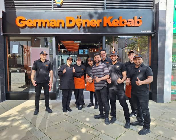 Brand new German Doner Kebab shop in Fareham opens up. 
Pictured: Staff members