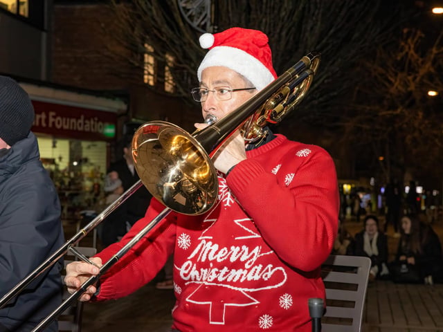 The Denmead Brass Band entertained the crowds at the Waterlooville Christmas light switch on.  Photos by Alex Shute