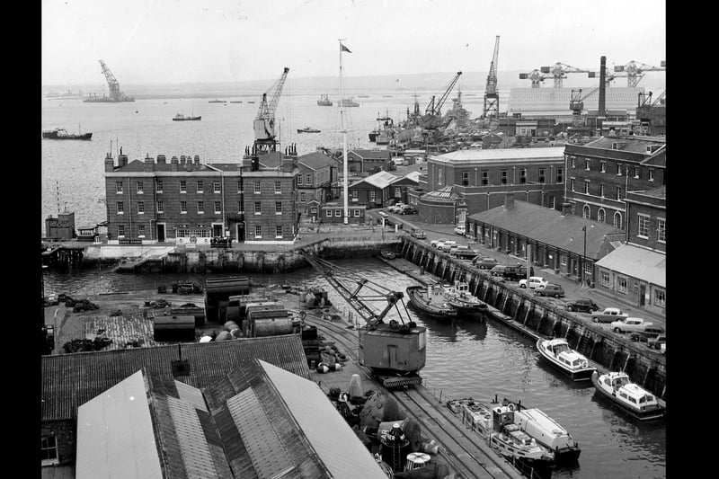 View north from Semaphore Tower showing South Camber and King's Stairs, Portsmouth Dockyard in 1970. The News PP1842