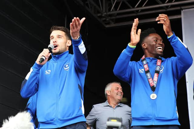 Gareth Evans burst into song at the League Two title-winning party on Southsea Common, providing an iconic moment. Picture: Joe Pepler