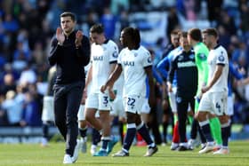 PORTSMOUTH, ENGLAND - OCTOBER 05:  Portsmouth Manager Manager John Mousinho acknowledges the fans after the Sky Bet Championship match between Portsmouth FC and Oxford United FC at Fratton Park on October 05, 2024 in Portsmouth, England. (Photo by Bryn Lennon/Getty Images)